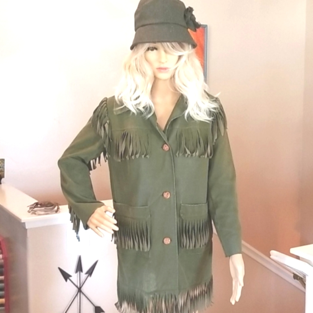 70's FRINGE Travelers OLIVE Green Water VEGAN ALL WEATHER Jacket - Picture 13 of 16